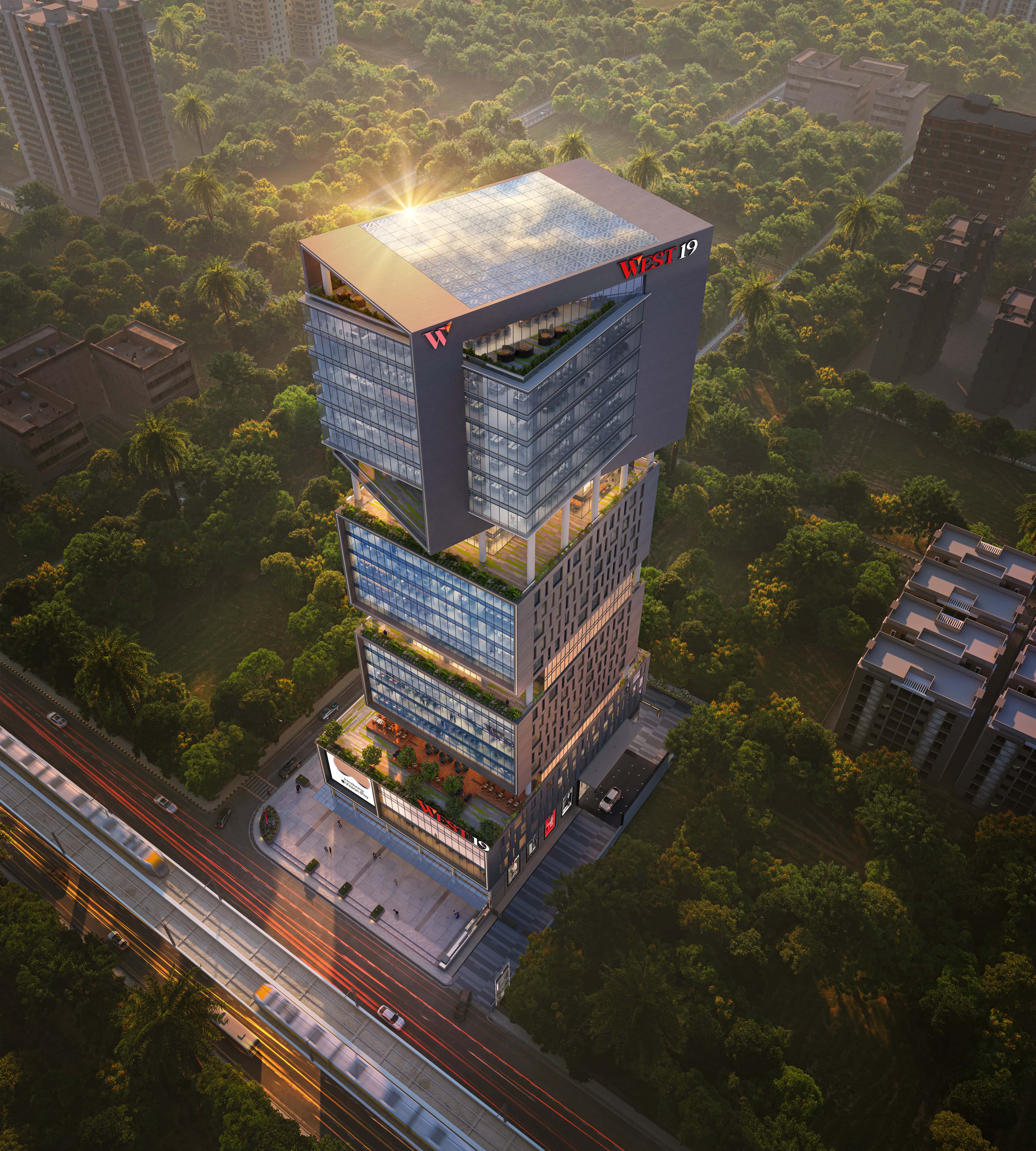 West 19 Commercial — Aerial Evening